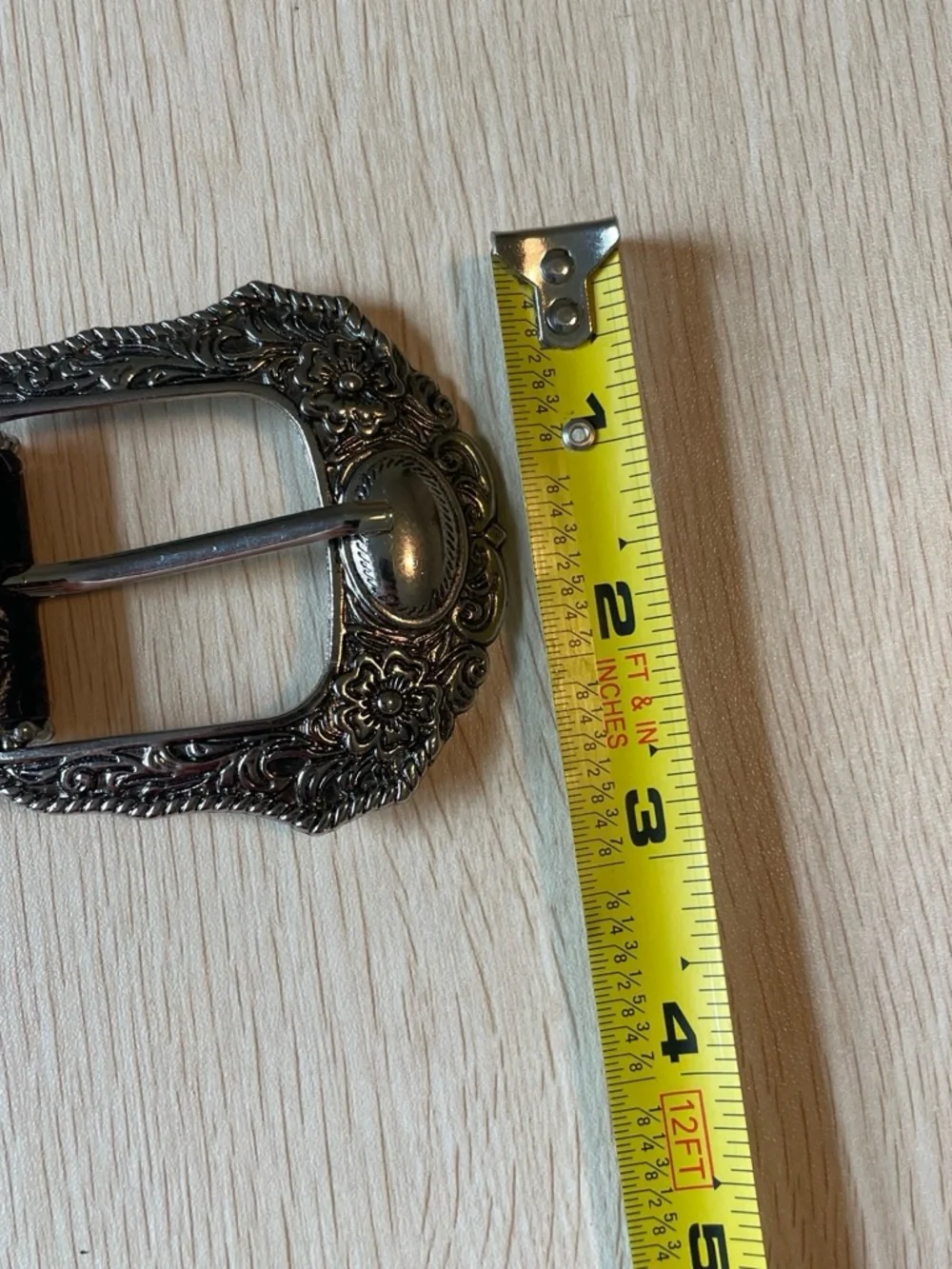 Vintage Black Tooled Leather Belt with Ornate Silver Buckle